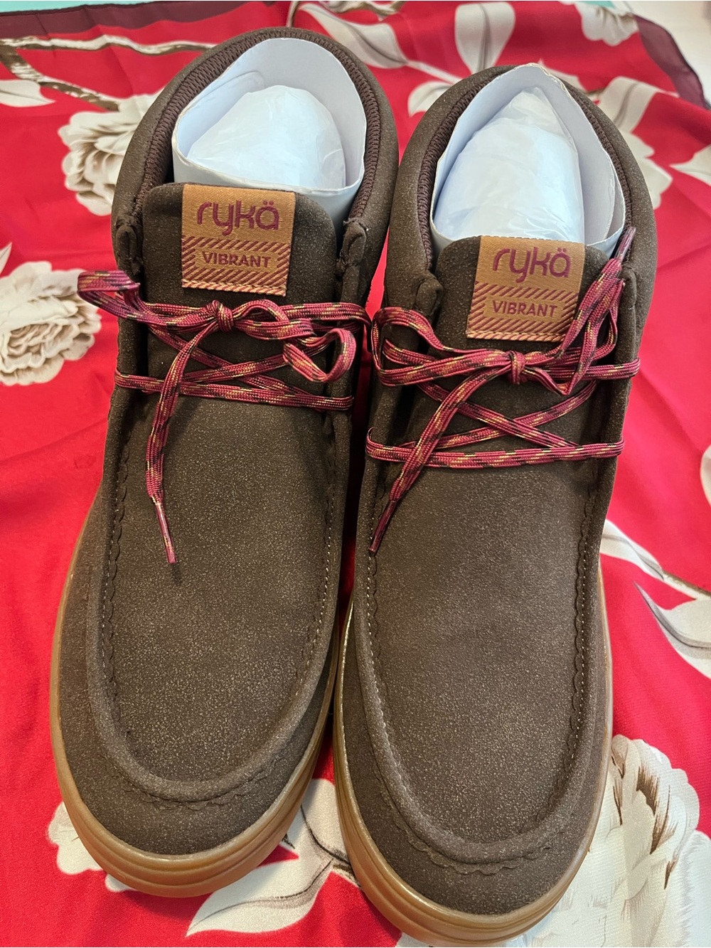 Ryka Vibrant Brown Suede Chukka Boots with Red-Accent Laces